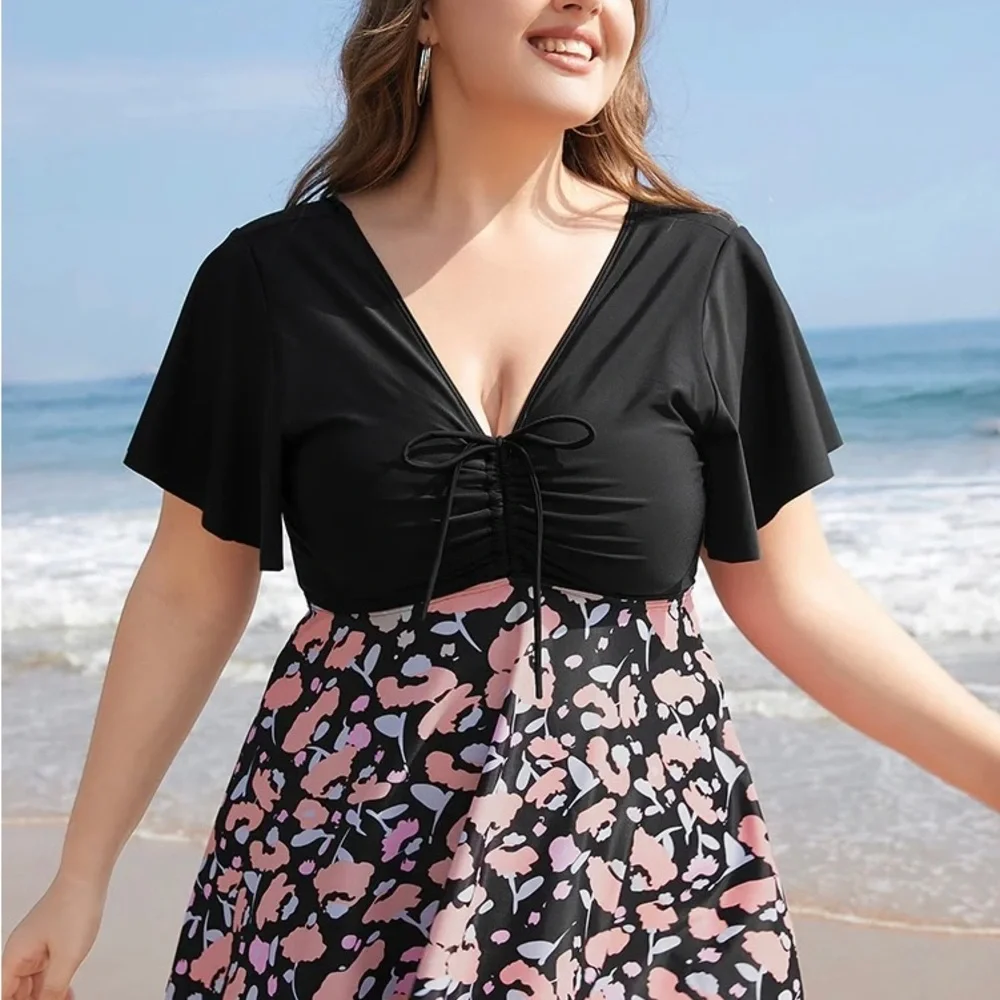 Drawstring Ruffle Sleeve Tankini Top - Picture 3 of 6